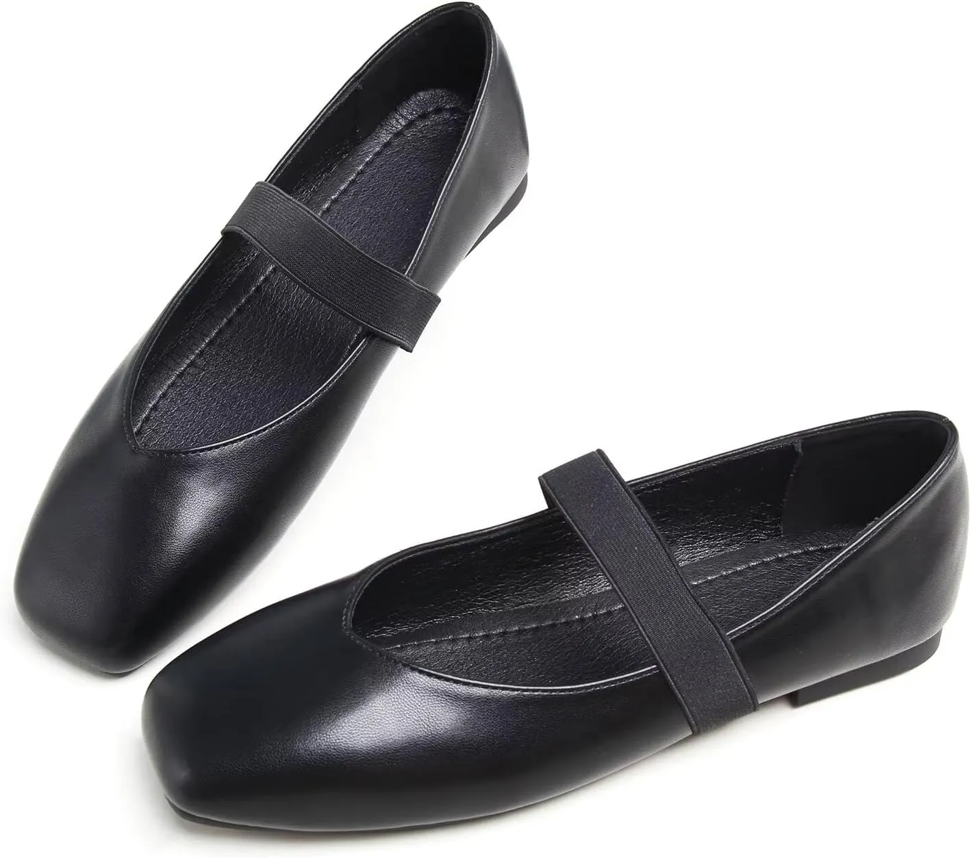 Hee grand Leather Flats for Women Comfortable Square Toe Mary Jane Shoes Elastic Strap Flats Lightweight Walking Shoes