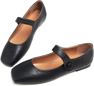 Hee grand Leather Flats for Women Comfortable Square Toe Mary Jane Shoes Elastic Strap Flats Lightweight Walking Shoes