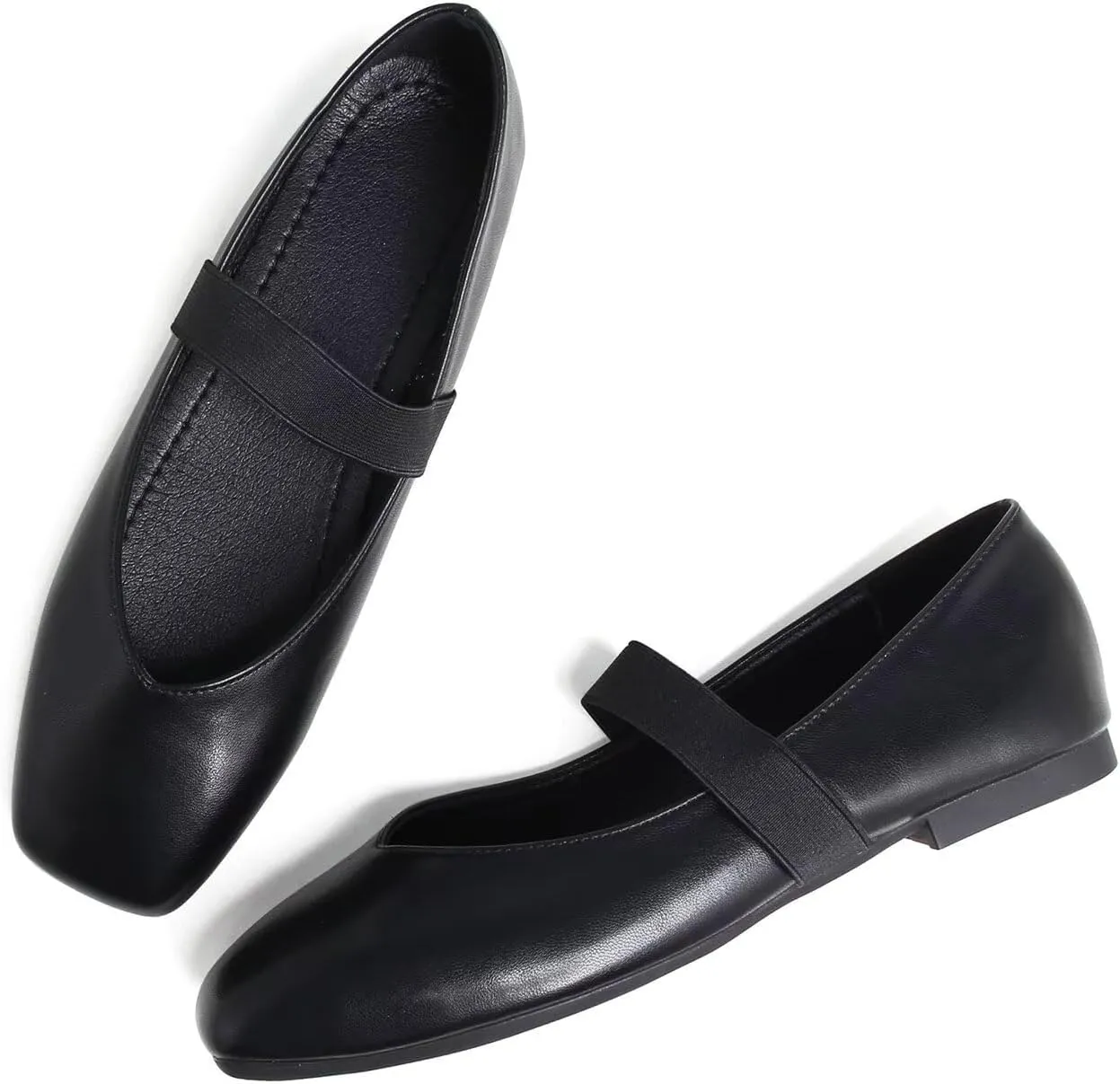 Hee grand Leather Flats for Women Comfortable Square Toe Mary Jane Shoes Elastic Strap Flats Lightweight Walking Shoes