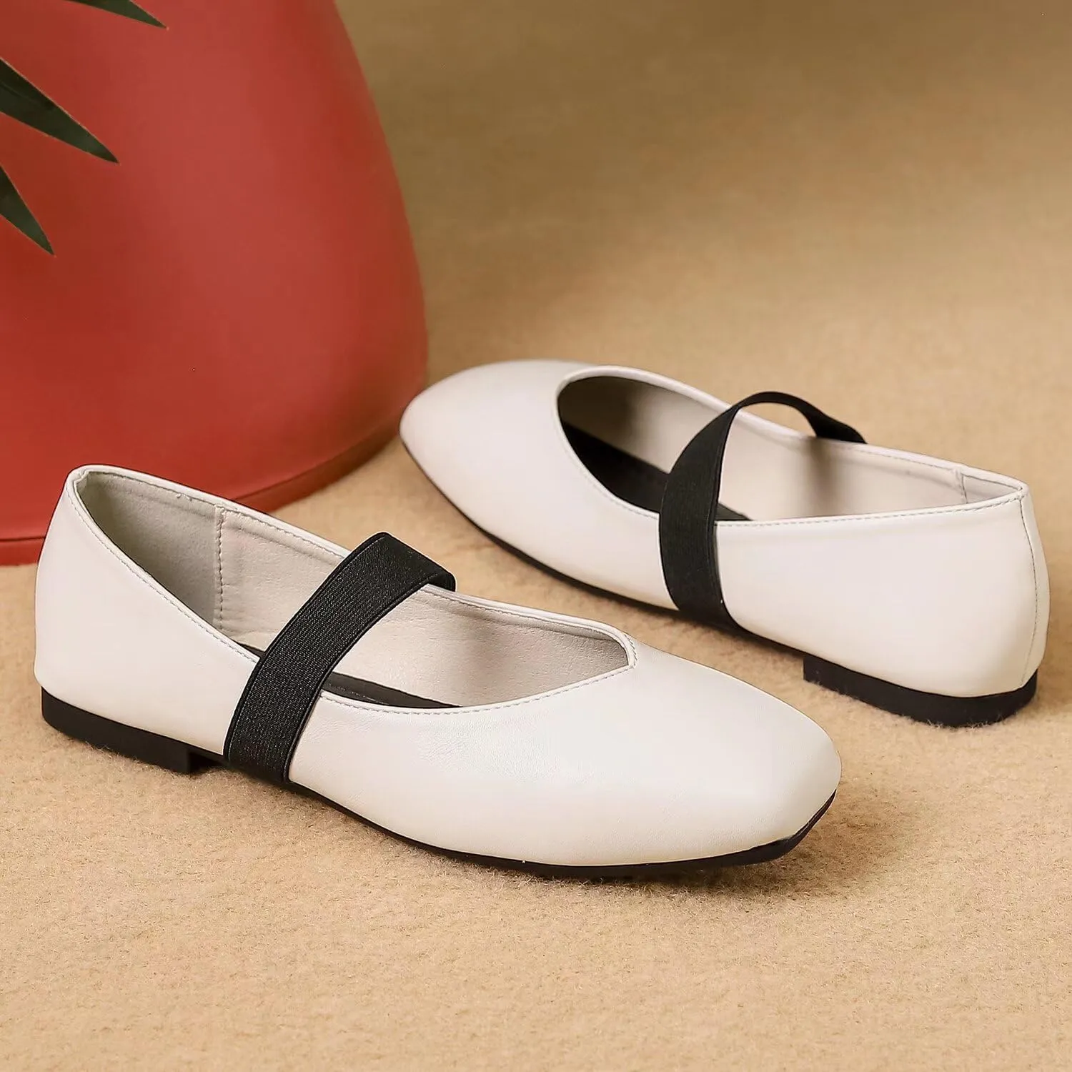 Hee grand Leather Flats for Women Comfortable Square Toe Mary Jane Shoes Elastic Strap Flats Lightweight Walking Shoes