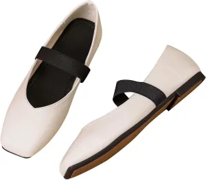 Hee grand Leather Flats for Women Comfortable Square Toe Mary Jane Shoes Elastic Strap Flats Lightweight Walking Shoes