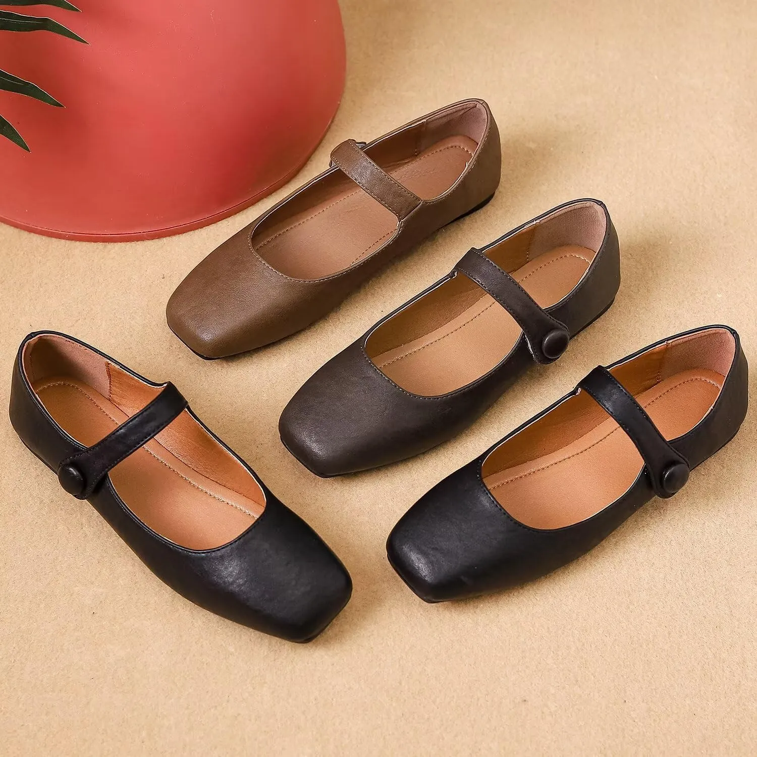 Hee grand Leather Flats for Women Comfortable Square Toe Mary Jane Shoes Elastic Strap Flats Lightweight Walking Shoes