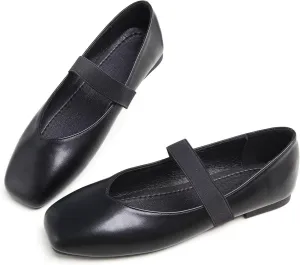Hee grand Leather Flats for Women Comfortable Square Toe Mary Jane Shoes Elastic Strap Flats Lightweight Walking Shoes