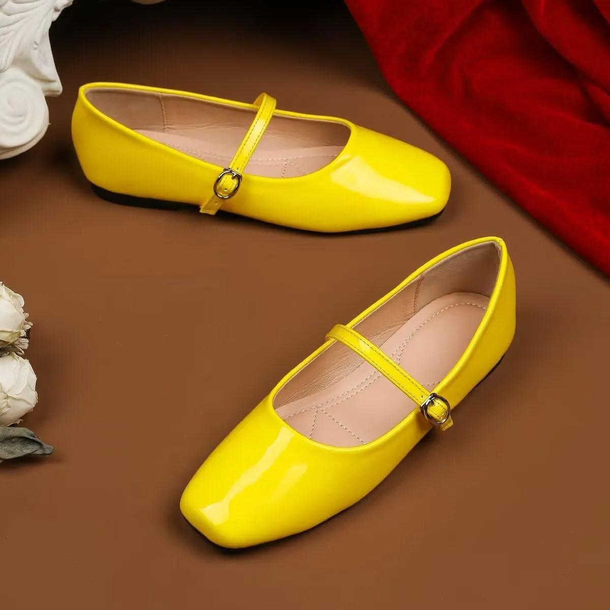 Hee grand Patent Leather Mary Jane Flats for Women Dressy Comfortable Square Toe Ankle Strap Ballet Flats Lightweight
