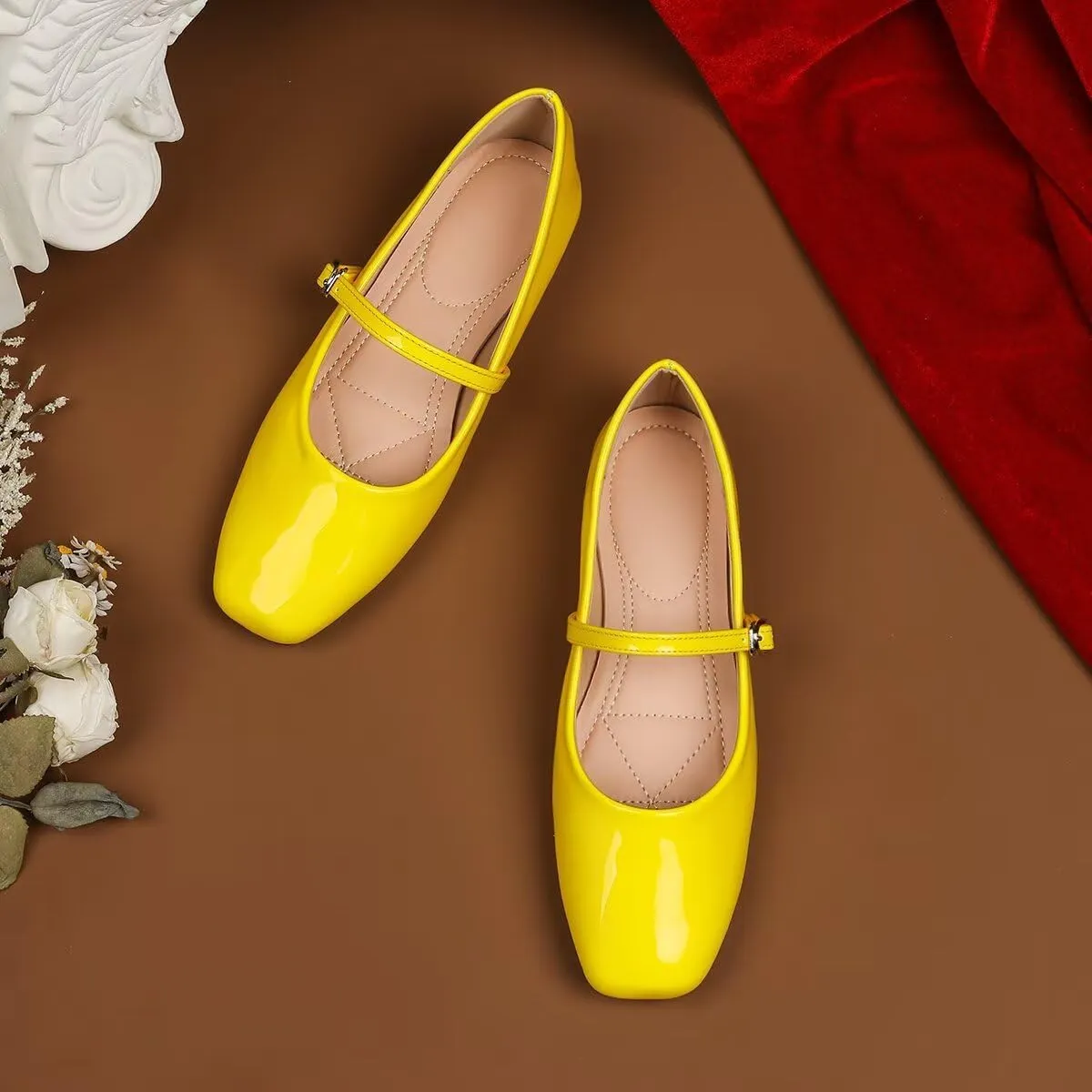 Hee grand Patent Leather Mary Jane Flats for Women Dressy Comfortable Square Toe Ankle Strap Ballet Flats Lightweight
