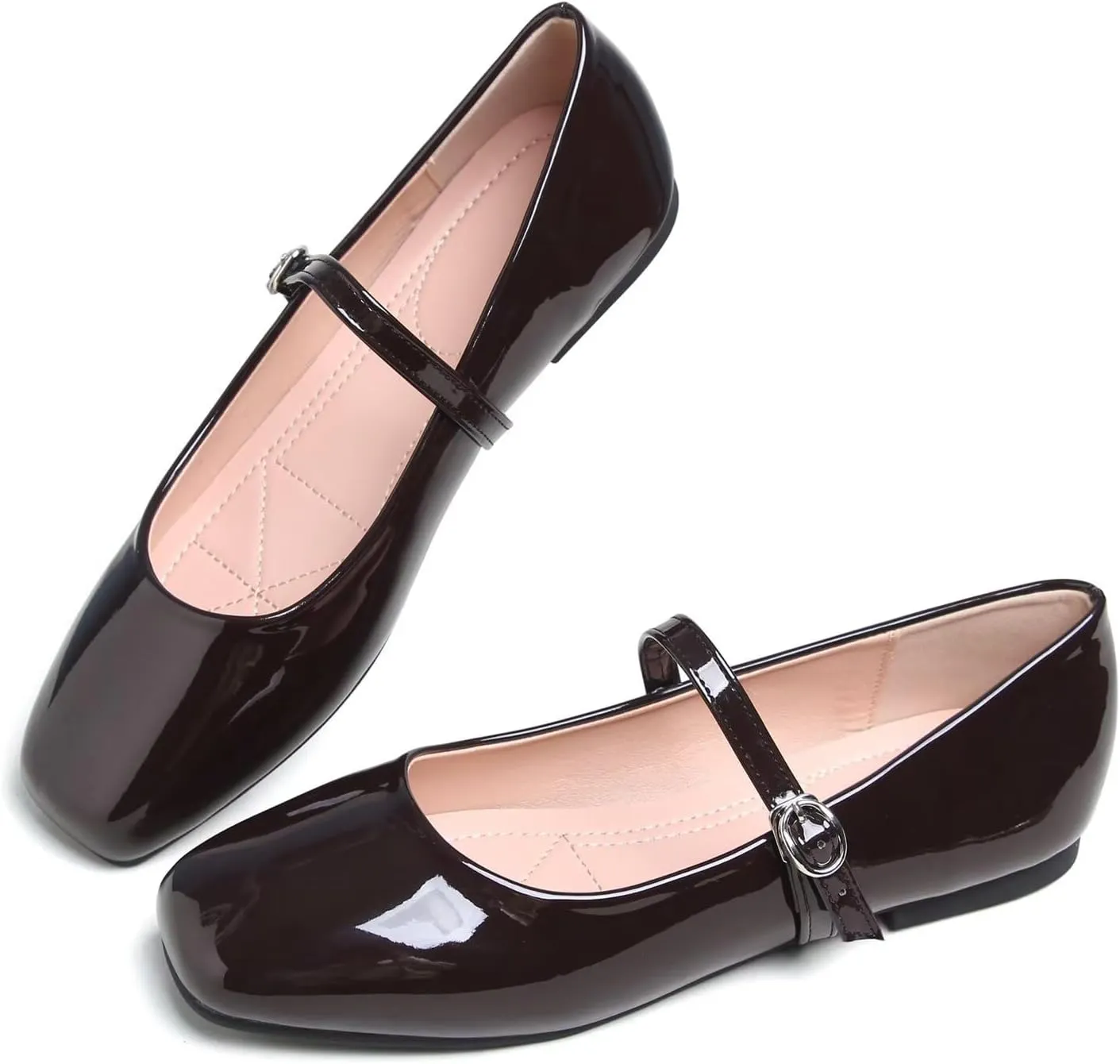 Hee grand Patent Leather Mary Jane Flats for Women Dressy Comfortable Square Toe Ankle Strap Ballet Flats Lightweight