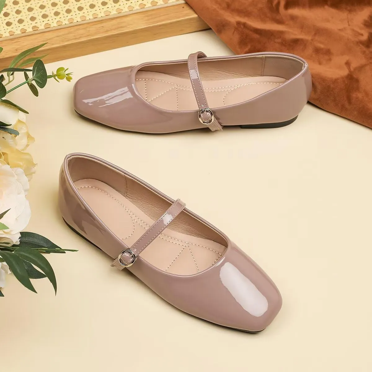 Hee grand Patent Leather Mary Jane Flats for Women Dressy Comfortable Square Toe Ankle Strap Ballet Flats Lightweight