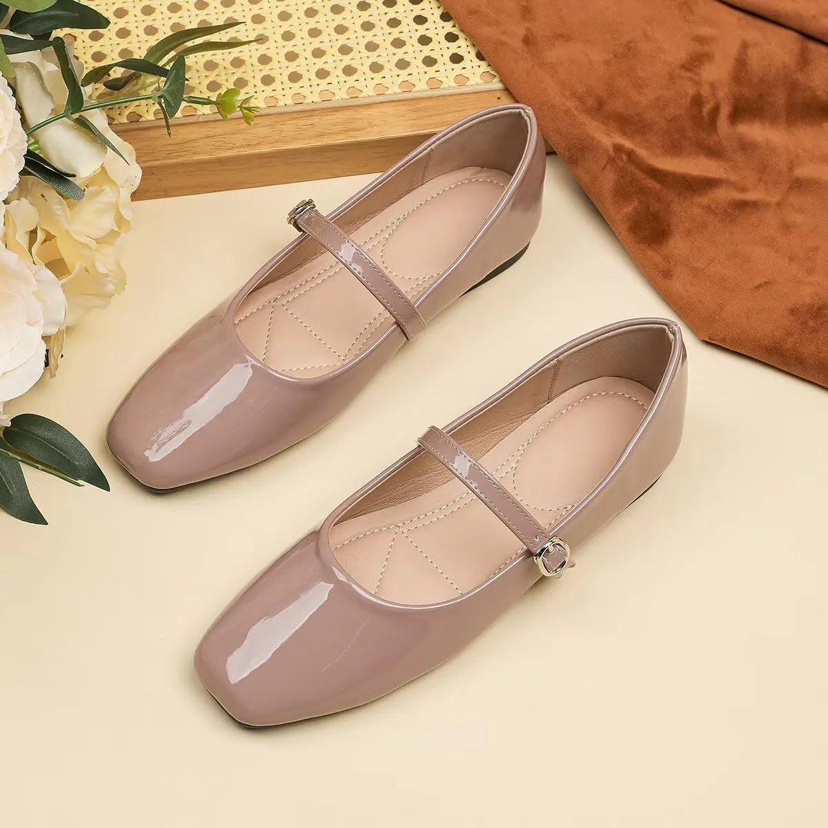 Hee grand Patent Leather Mary Jane Flats for Women Dressy Comfortable Square Toe Ankle Strap Ballet Flats Lightweight