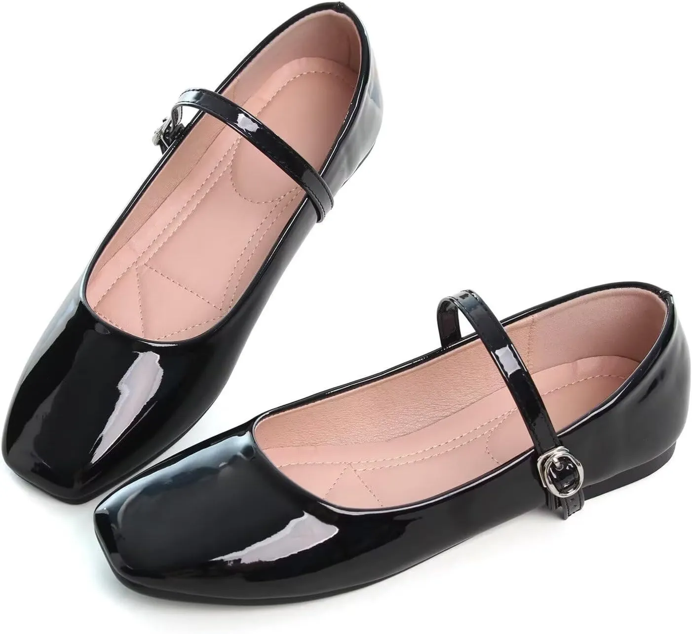 Hee grand Patent Leather Mary Jane Flats for Women Dressy Comfortable Square Toe Ankle Strap Ballet Flats Lightweight