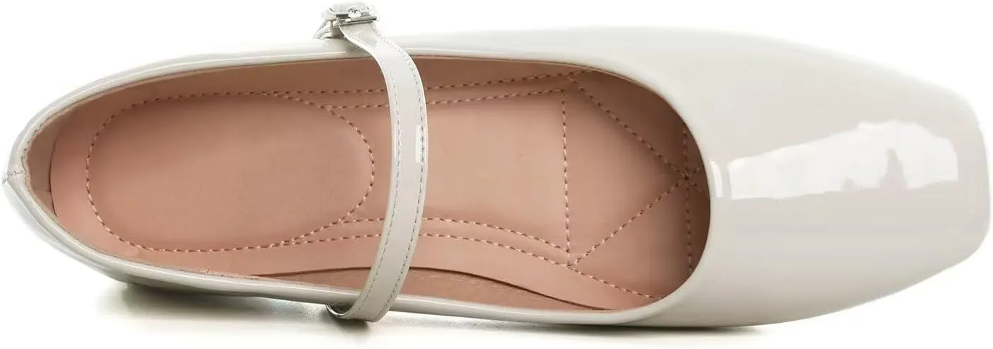 Hee grand Patent Leather Mary Jane Flats for Women Dressy Comfortable Square Toe Ankle Strap Ballet Flats Lightweight