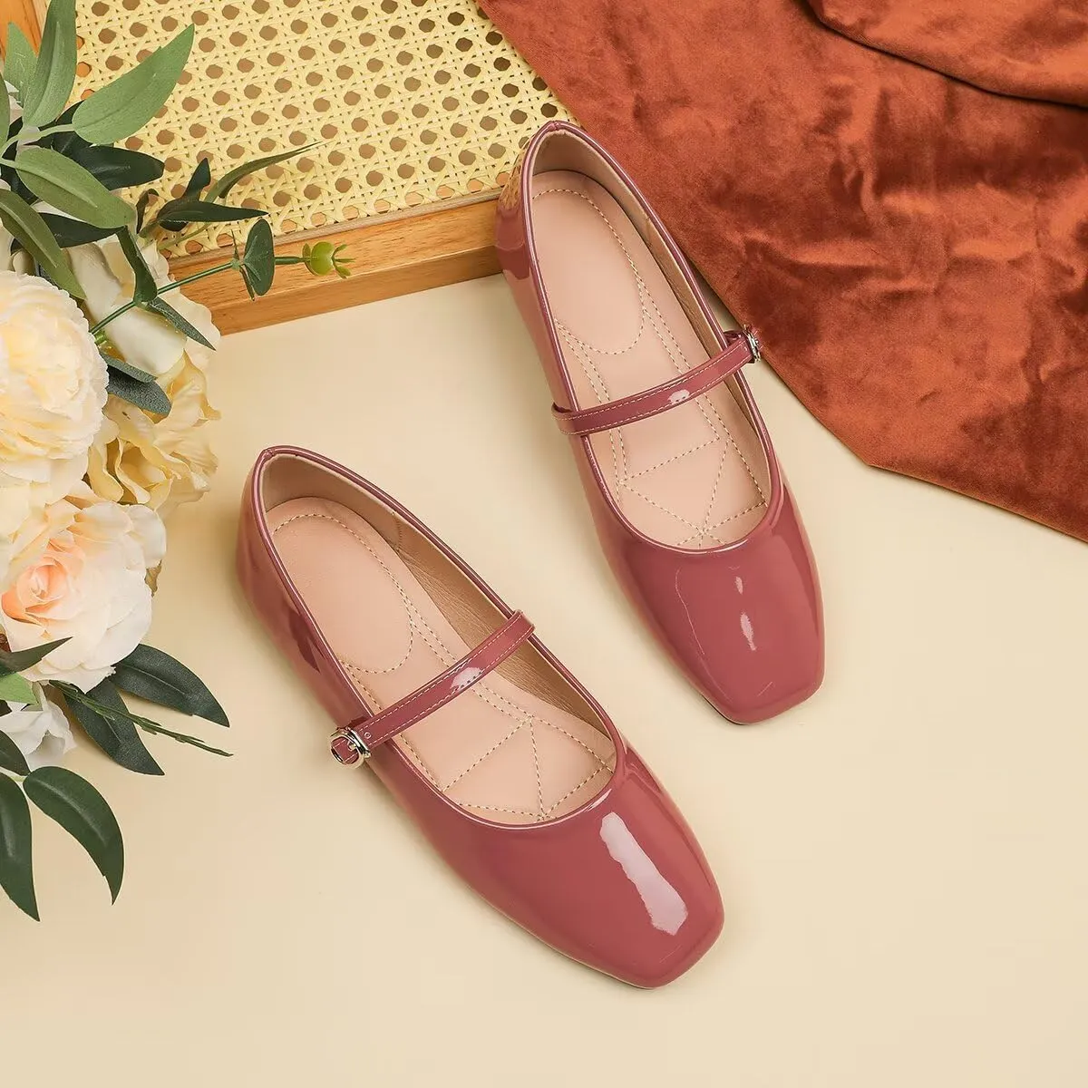 Hee grand Patent Leather Mary Jane Flats for Women Dressy Comfortable Square Toe Ankle Strap Ballet Flats Lightweight