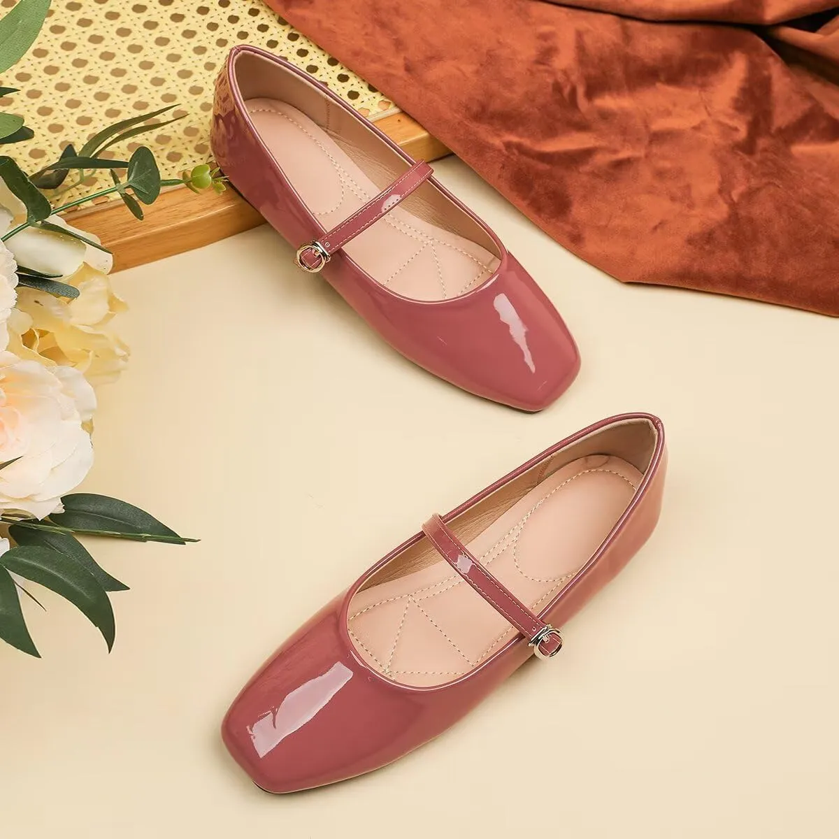 Hee grand Patent Leather Mary Jane Flats for Women Dressy Comfortable Square Toe Ankle Strap Ballet Flats Lightweight
