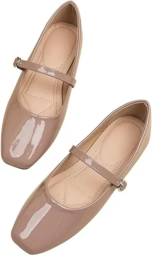 Hee grand Patent Leather Mary Jane Flats for Women Dressy Comfortable Square Toe Ankle Strap Ballet Flats Lightweight