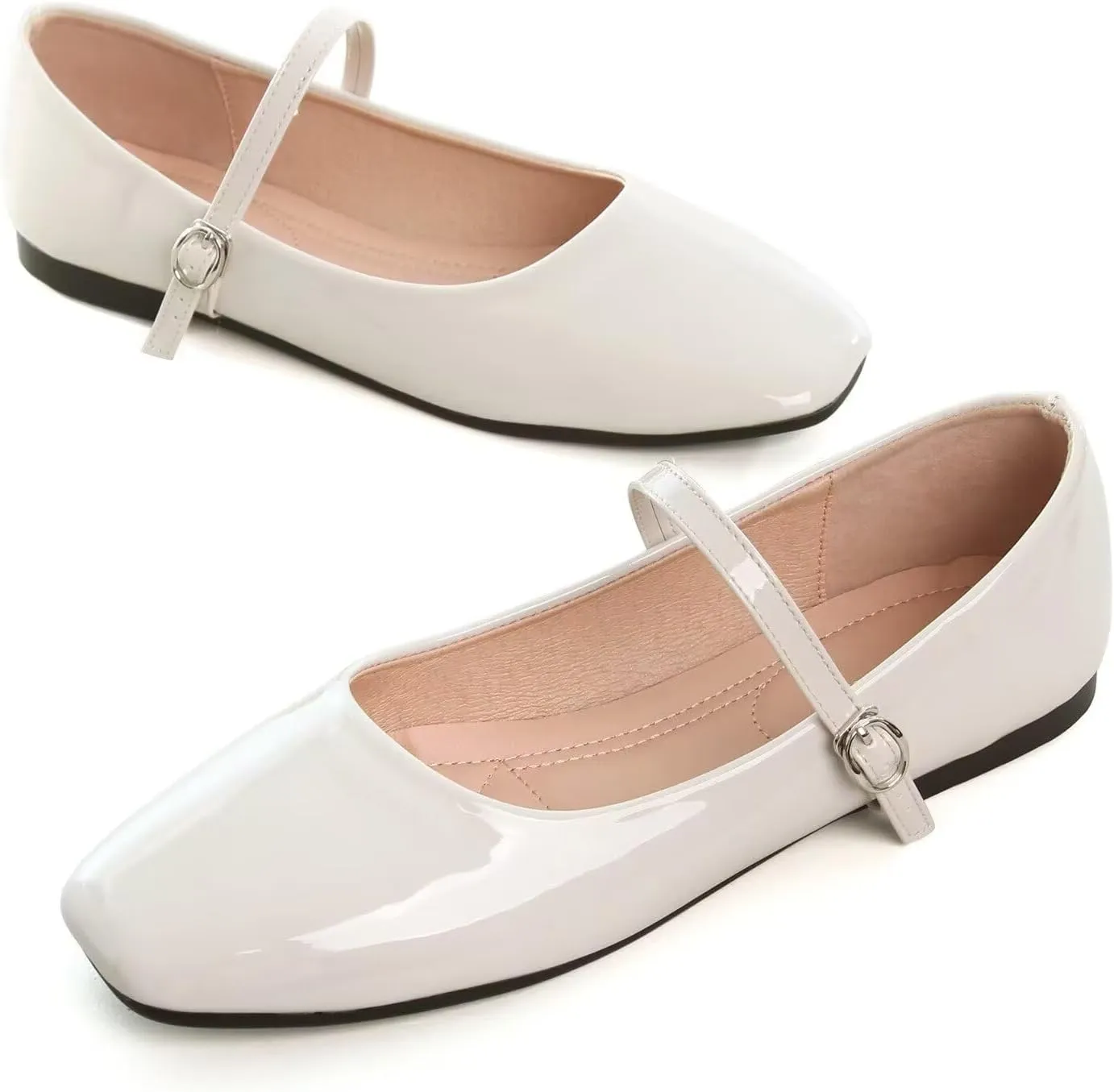 Hee grand Patent Leather Mary Jane Flats for Women Dressy Comfortable Square Toe Ankle Strap Ballet Flats Lightweight