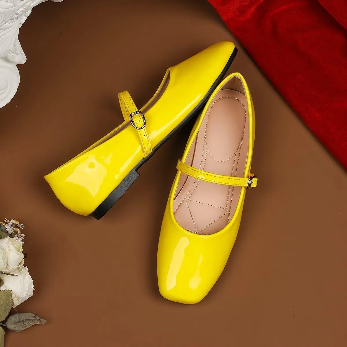 Hee grand Patent Leather Mary Jane Flats for Women Dressy Comfortable Square Toe Ankle Strap Ballet Flats Lightweight