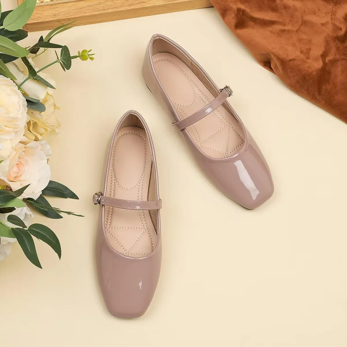 Hee grand Patent Leather Mary Jane Flats for Women Dressy Comfortable Square Toe Ankle Strap Ballet Flats Lightweight