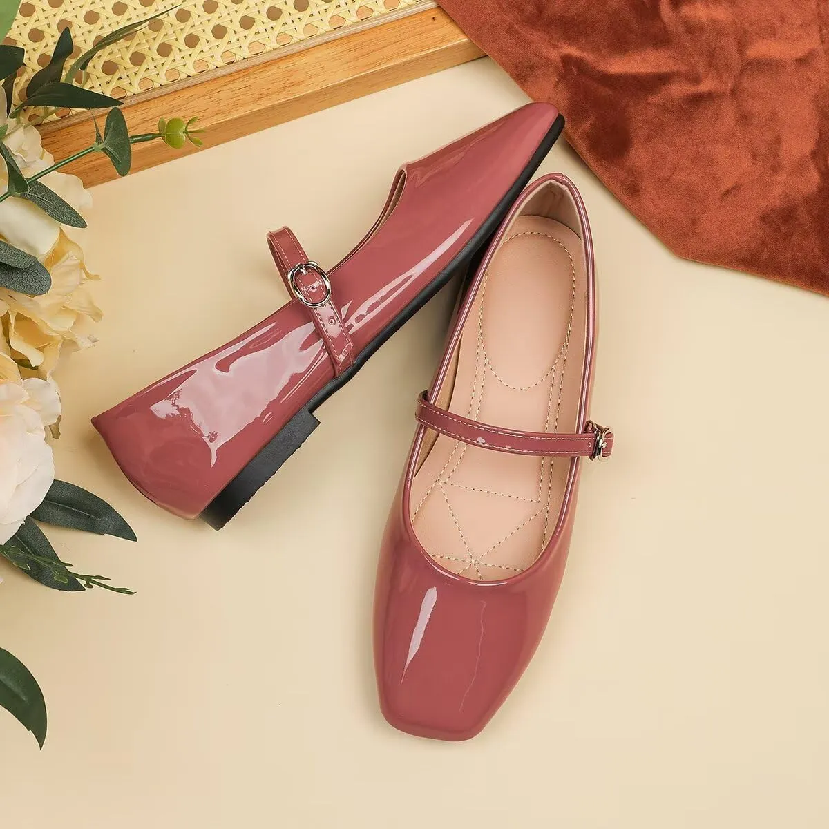 Hee grand Patent Leather Mary Jane Flats for Women Dressy Comfortable Square Toe Ankle Strap Ballet Flats Lightweight
