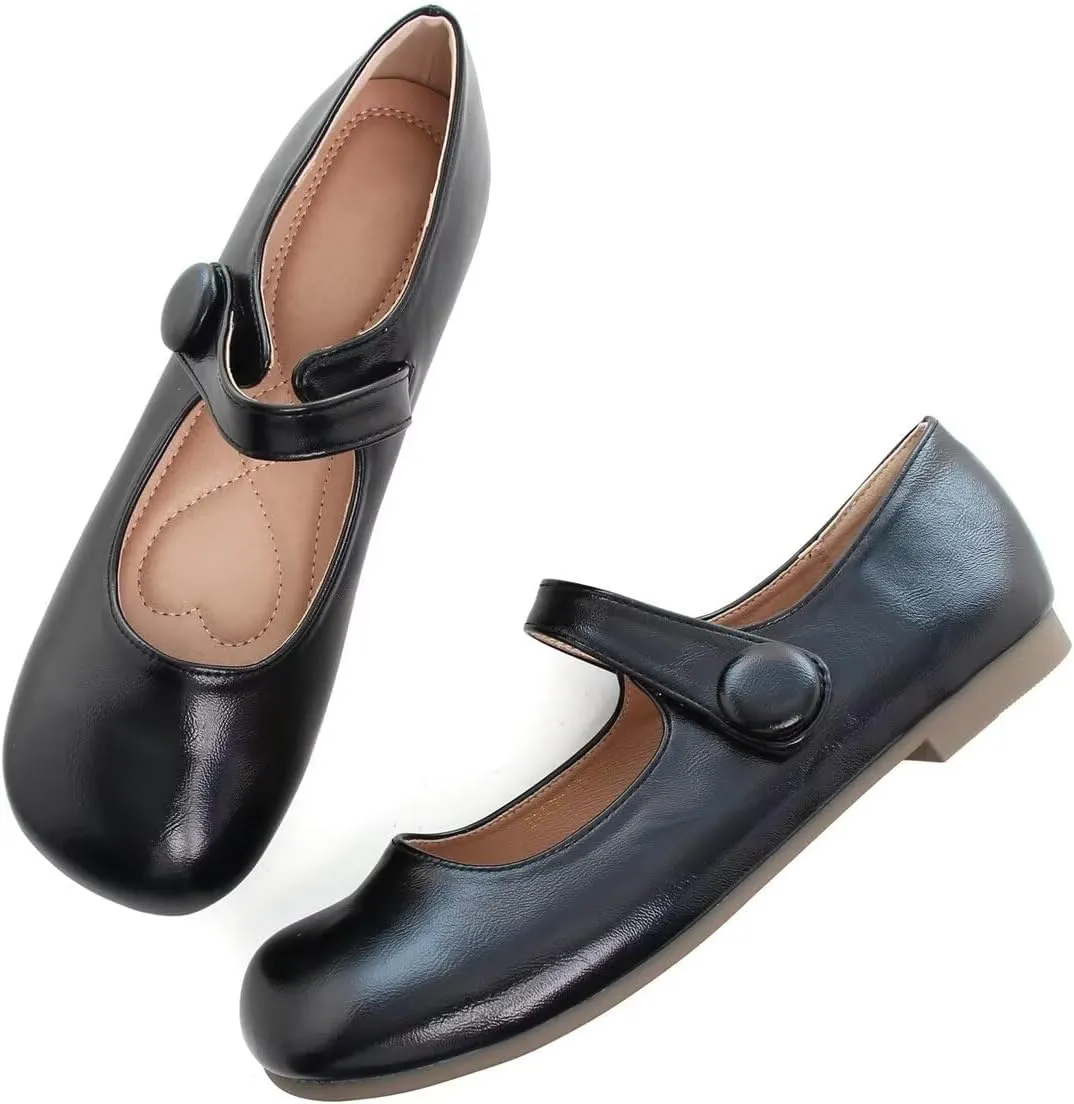 Hee grand Retro Mary Jane Shoes for Women Cute Square Toe Buckle Ballet Flats Leather Dress Flats Soft Work Flats