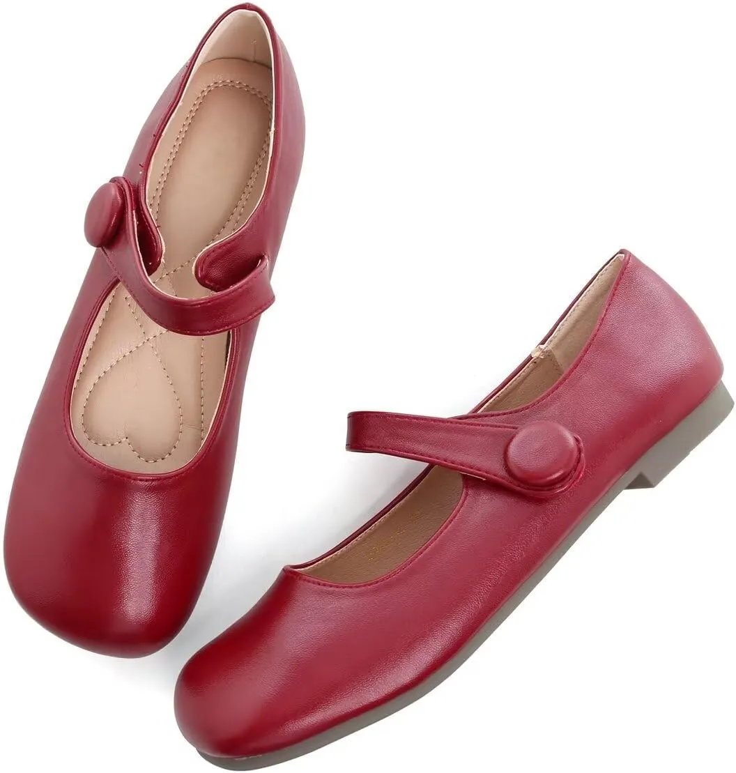 Hee grand Retro Mary Jane Shoes for Women Cute Square Toe Buckle Ballet Flats Leather Dress Flats Soft Work Flats