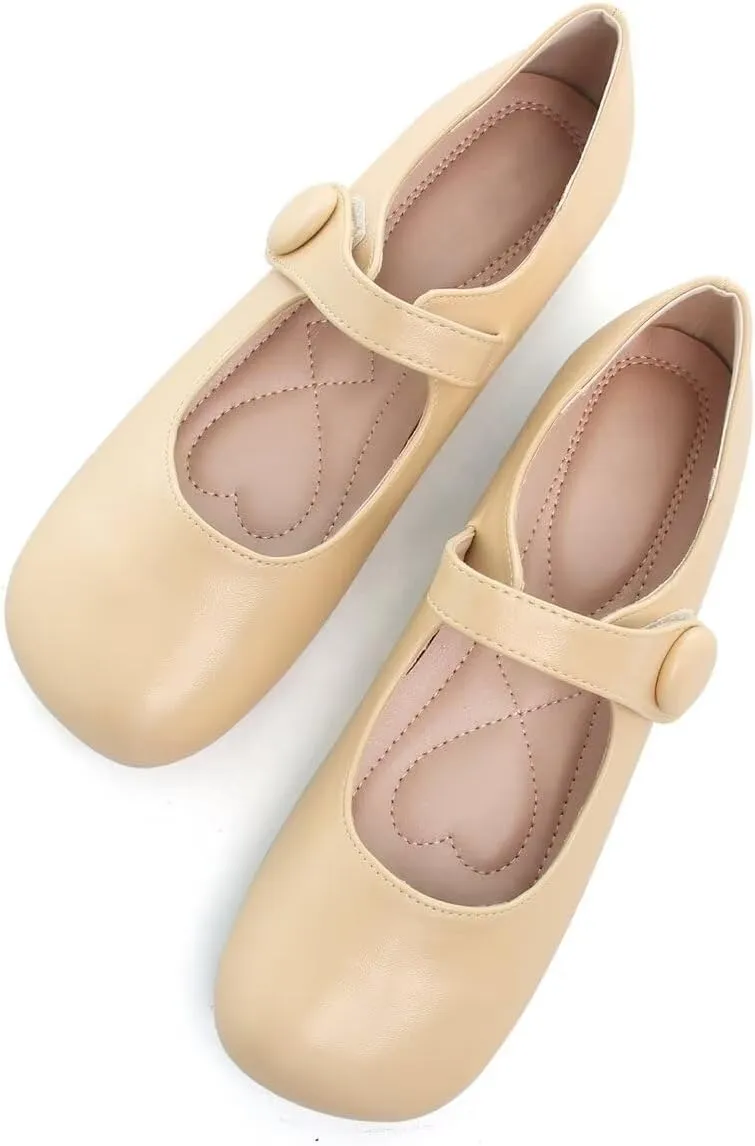 Hee grand Retro Mary Jane Shoes for Women Cute Square Toe Buckle Ballet Flats Leather Dress Flats Soft Work Flats