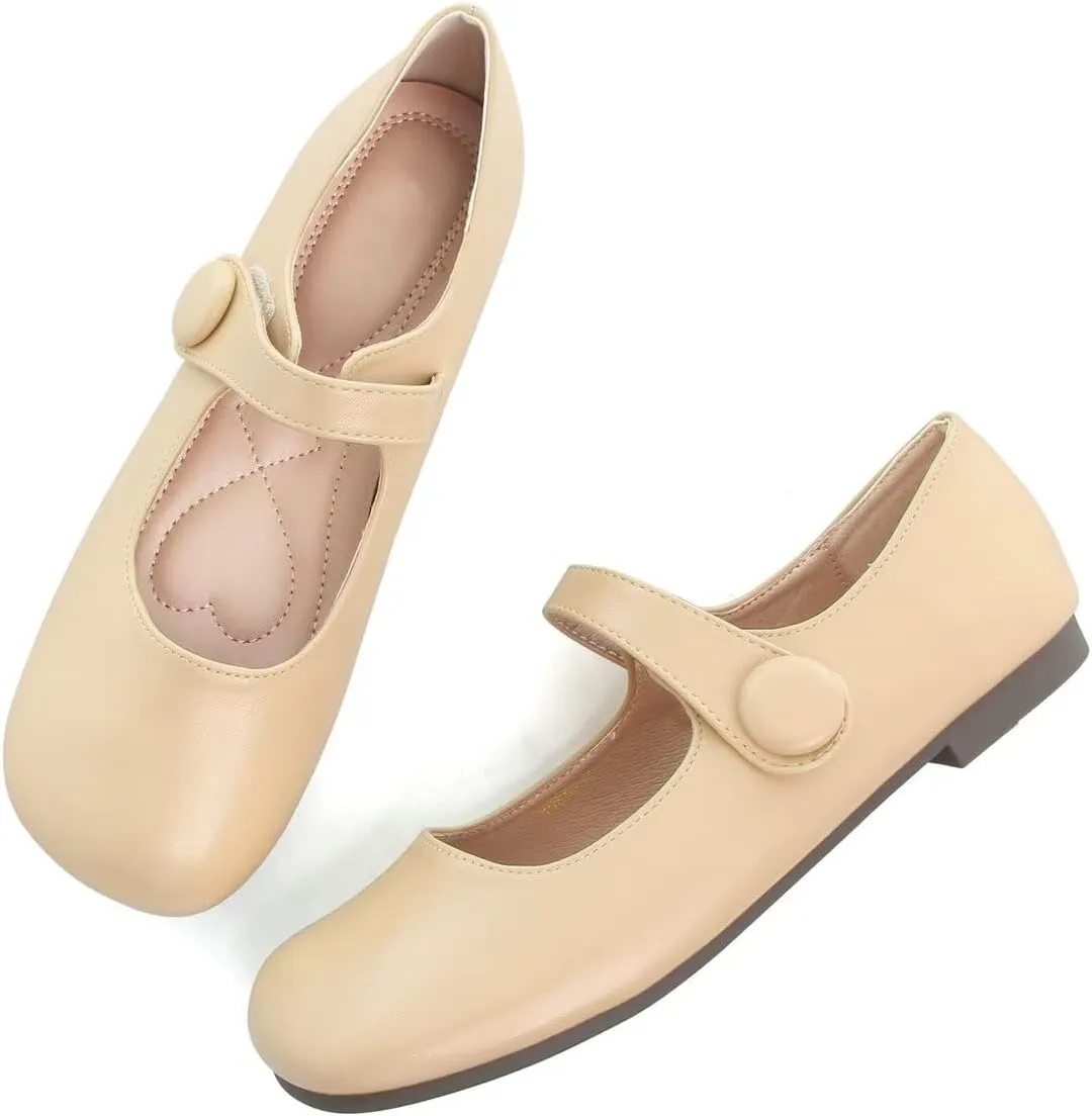 Hee grand Retro Mary Jane Shoes for Women Cute Square Toe Buckle Ballet Flats Leather Dress Flats Soft Work Flats