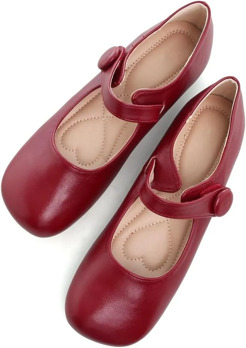 Hee grand Retro Mary Jane Shoes for Women Cute Square Toe Buckle Ballet Flats Leather Dress Flats Soft Work Flats
