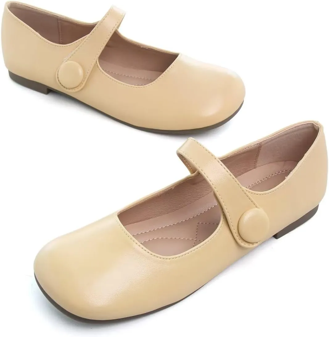 Hee grand Retro Mary Jane Shoes for Women Cute Square Toe Buckle Ballet Flats Leather Dress Flats Soft Work Flats