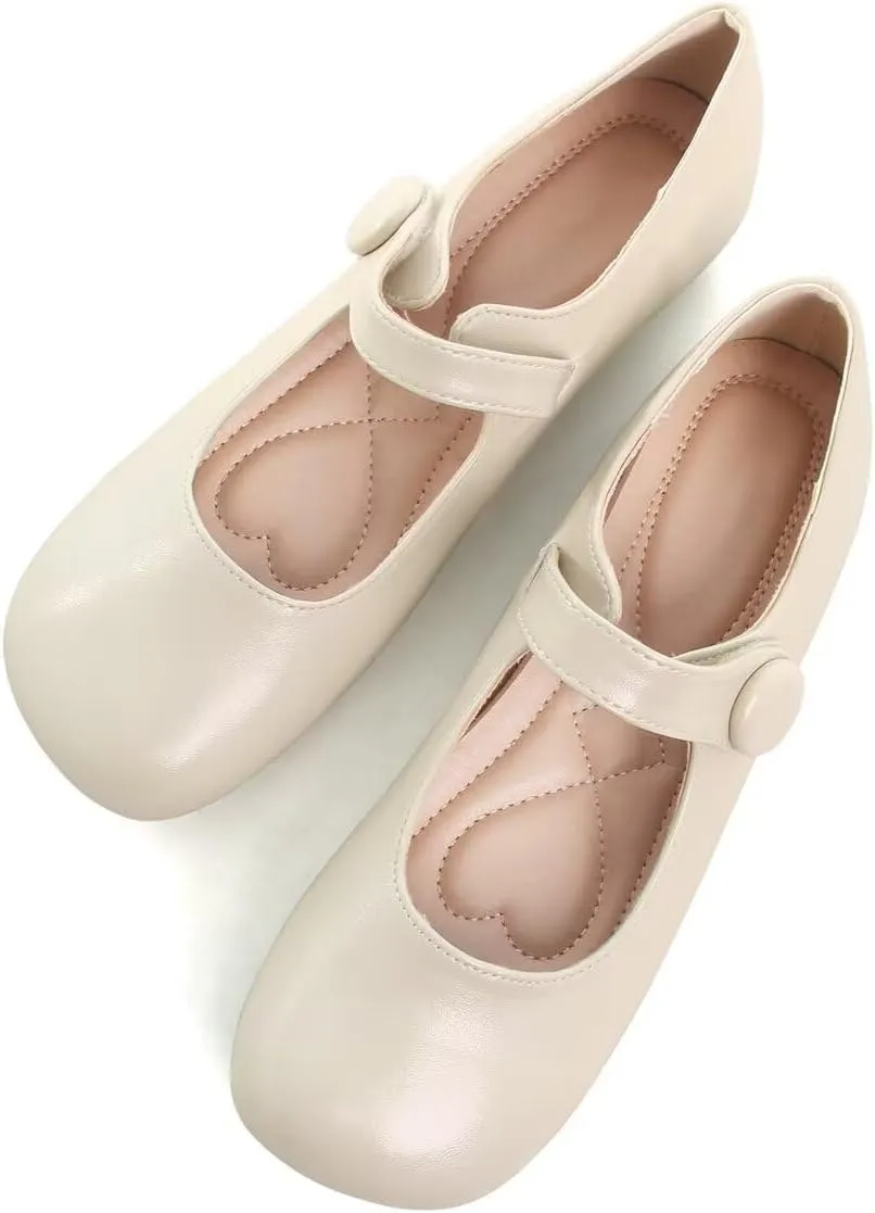 Hee grand Retro Mary Jane Shoes for Women Cute Square Toe Buckle Ballet Flats Leather Dress Flats Soft Work Flats