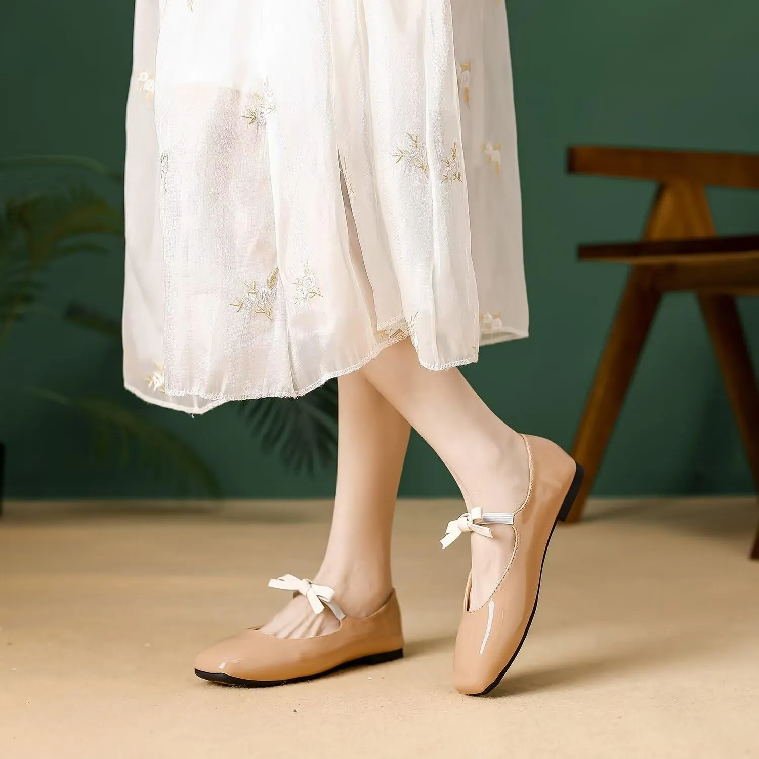 Hee grand Sweet Bow Mary Jane Flats for Women Square Toe Ankle Strap Ballet Flats Comfortable Low Heel Glittery Rhinestone Dress Shoes