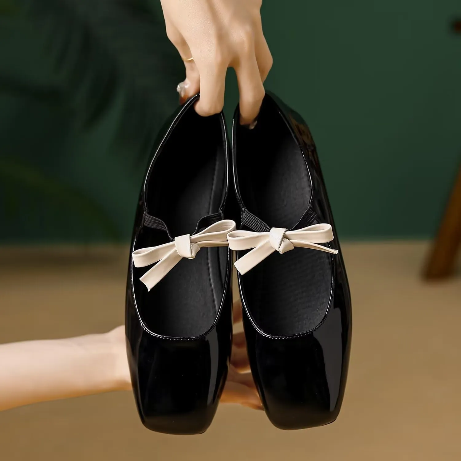 Hee grand Sweet Bow Mary Jane Flats for Women Square Toe Ankle Strap Ballet Flats Comfortable Low Heel Glittery Rhinestone Dress Shoes