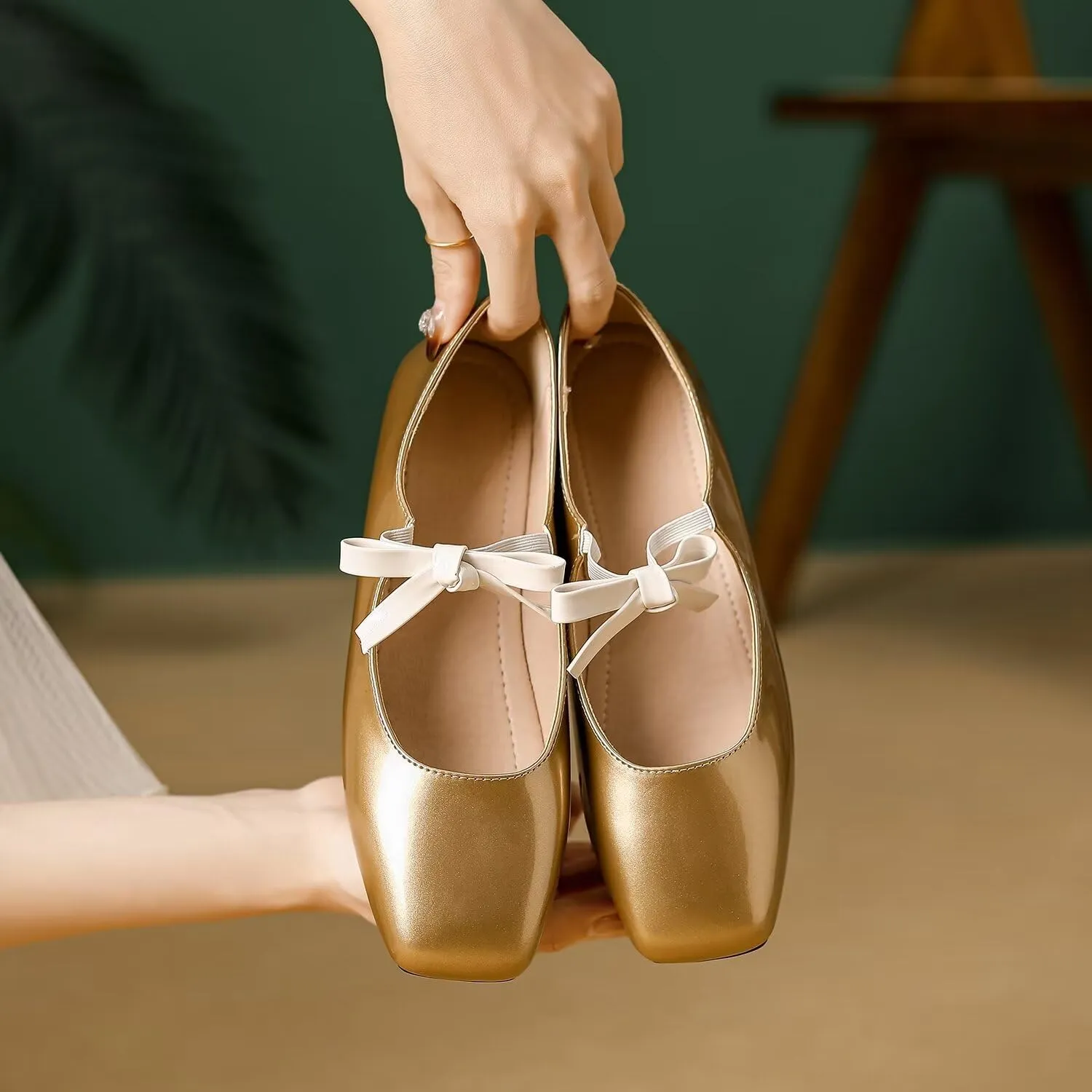 Hee grand Sweet Bow Mary Jane Flats for Women Square Toe Ankle Strap Ballet Flats Comfortable Low Heel Glittery Rhinestone Dress Shoes