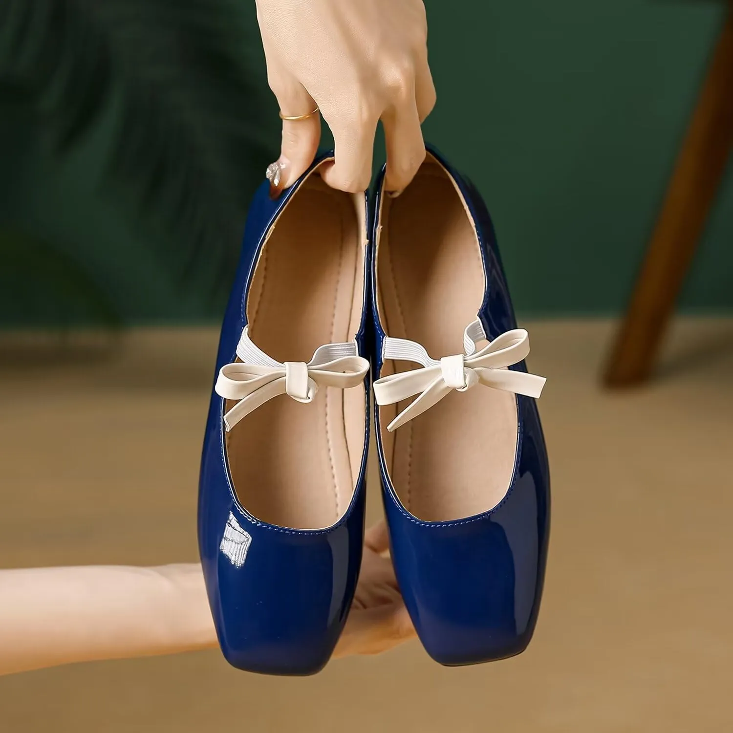 Hee grand Sweet Bow Mary Jane Flats for Women Square Toe Ankle Strap Ballet Flats Comfortable Low Heel Glittery Rhinestone Dress Shoes