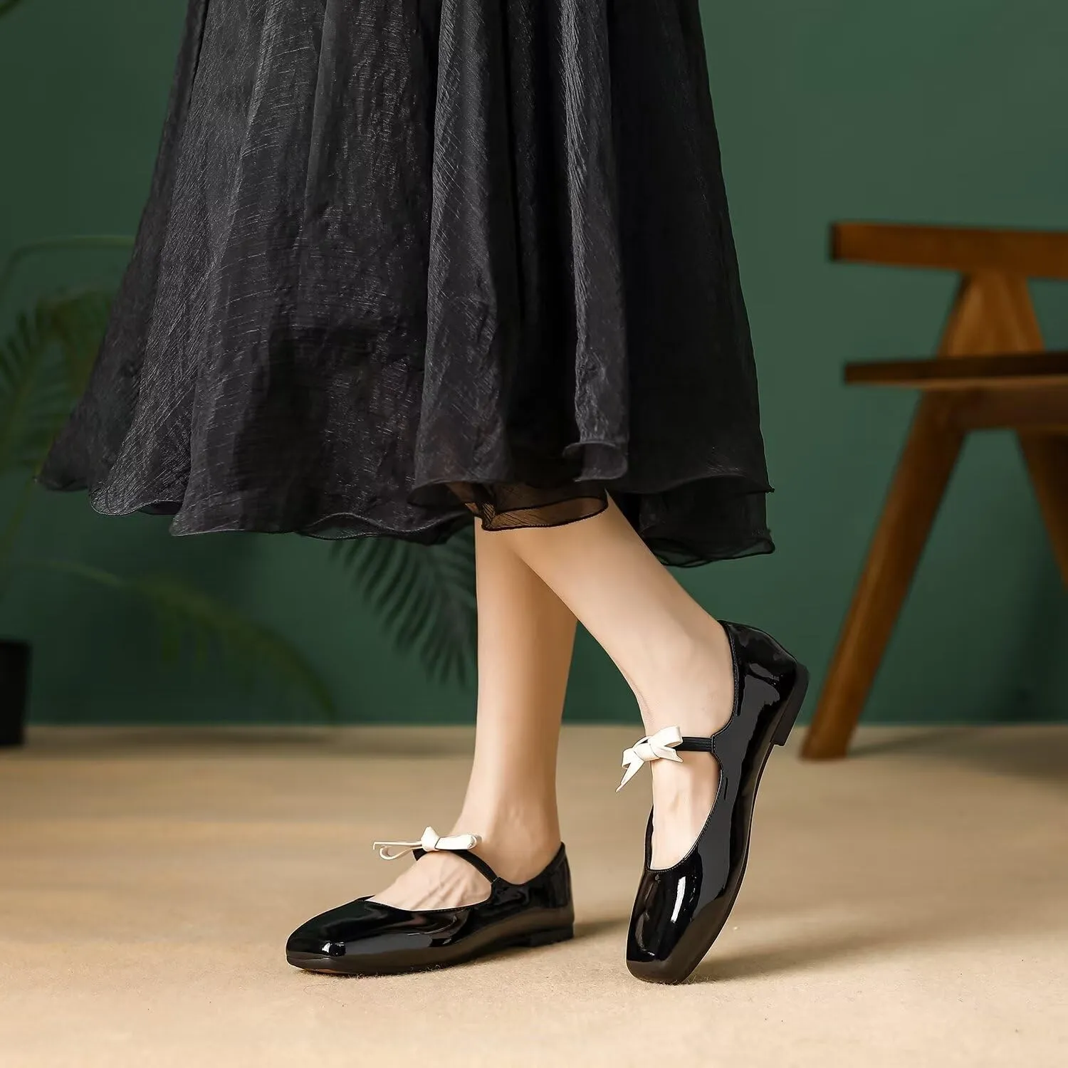 Hee grand Sweet Bow Mary Jane Flats for Women Square Toe Ankle Strap Ballet Flats Comfortable Low Heel Glittery Rhinestone Dress Shoes