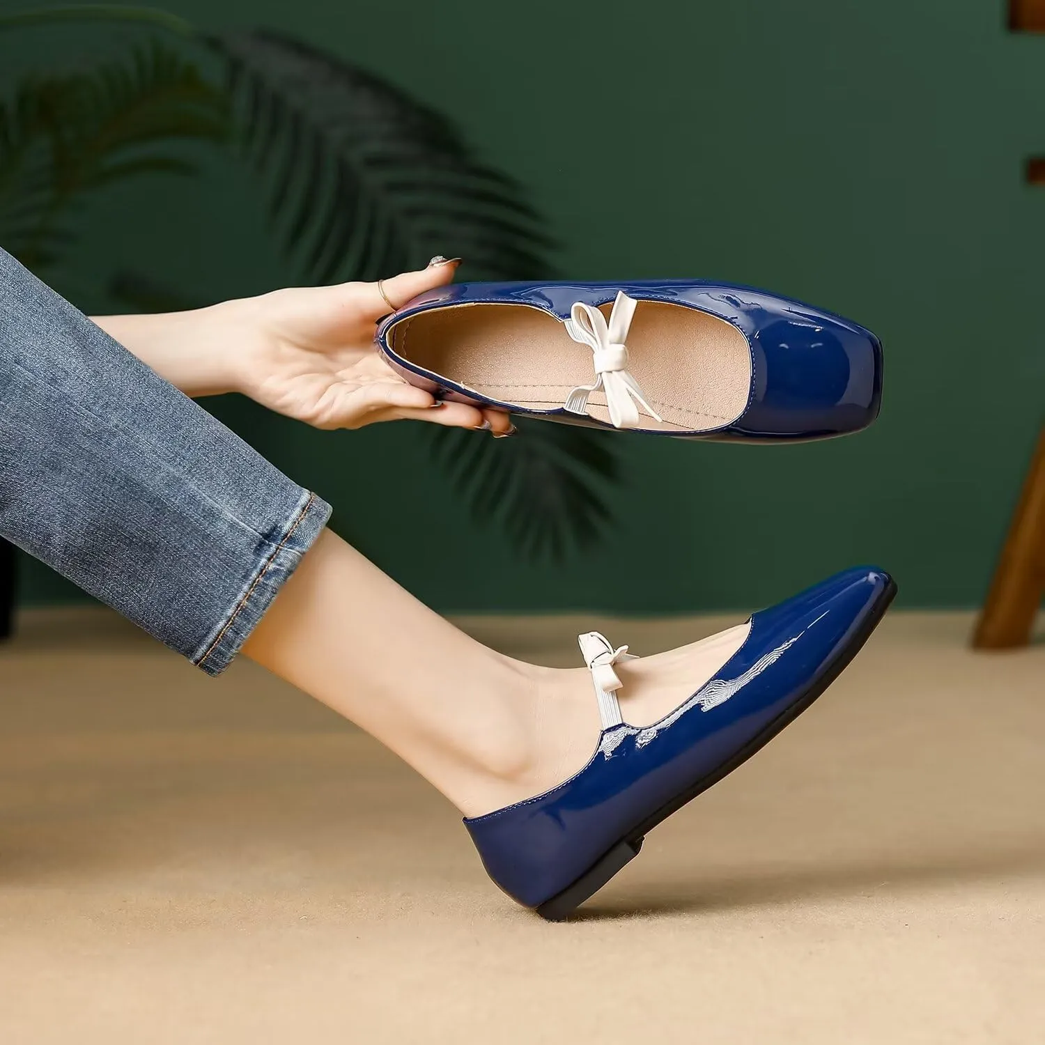 Hee grand Sweet Bow Mary Jane Flats for Women Square Toe Ankle Strap Ballet Flats Comfortable Low Heel Glittery Rhinestone Dress Shoes
