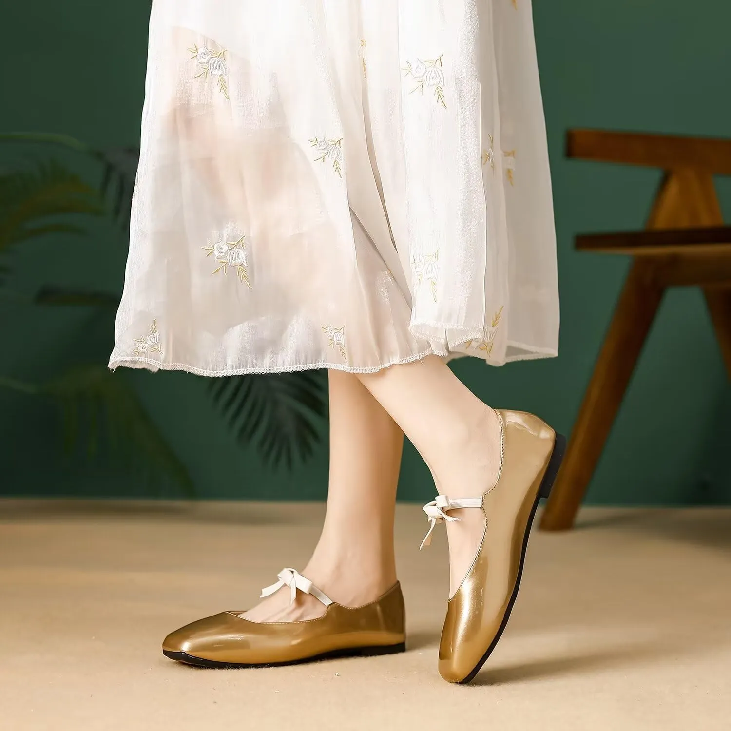 Hee grand Sweet Bow Mary Jane Flats for Women Square Toe Ankle Strap Ballet Flats Comfortable Low Heel Glittery Rhinestone Dress Shoes