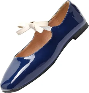 Hee grand Sweet Bow Mary Jane Flats for Women Square Toe Ankle Strap Ballet Flats Comfortable Low Heel Glittery Rhinestone Dress Shoes