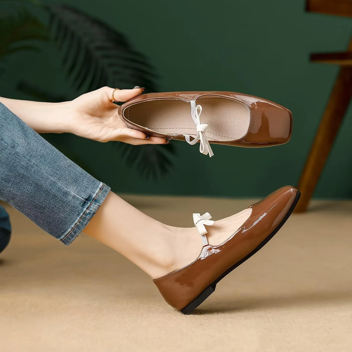 Hee grand Sweet Bow Mary Jane Flats for Women Square Toe Ankle Strap Ballet Flats Comfortable Low Heel Glittery Rhinestone Dress Shoes