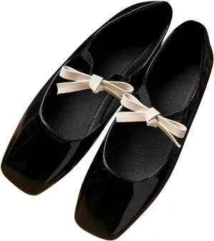 Hee grand Sweet Bow Mary Jane Flats for Women Square Toe Ankle Strap Ballet Flats Comfortable Low Heel Glittery Rhinestone Dress Shoes