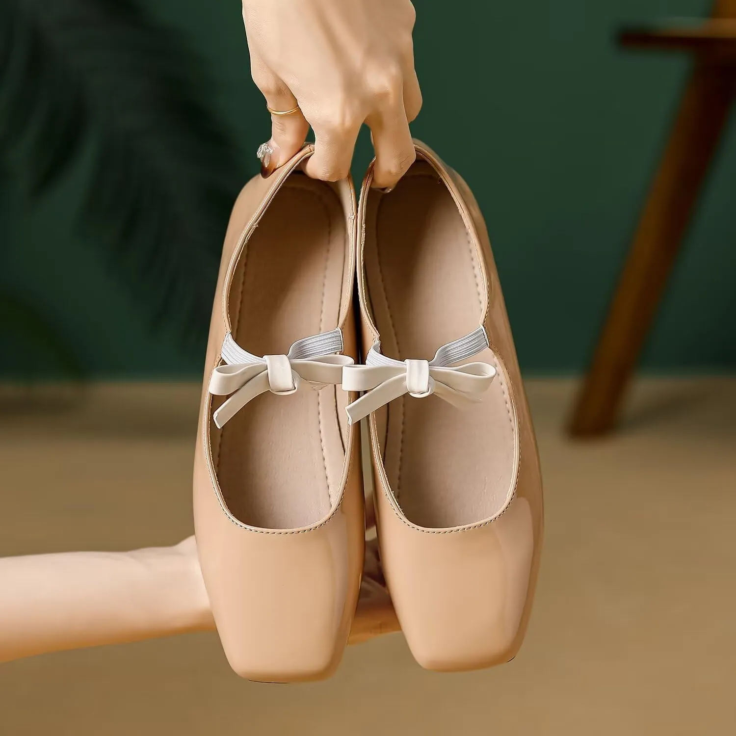 Hee grand Sweet Bow Mary Jane Flats for Women Square Toe Ankle Strap Ballet Flats Comfortable Low Heel Glittery Rhinestone Dress Shoes