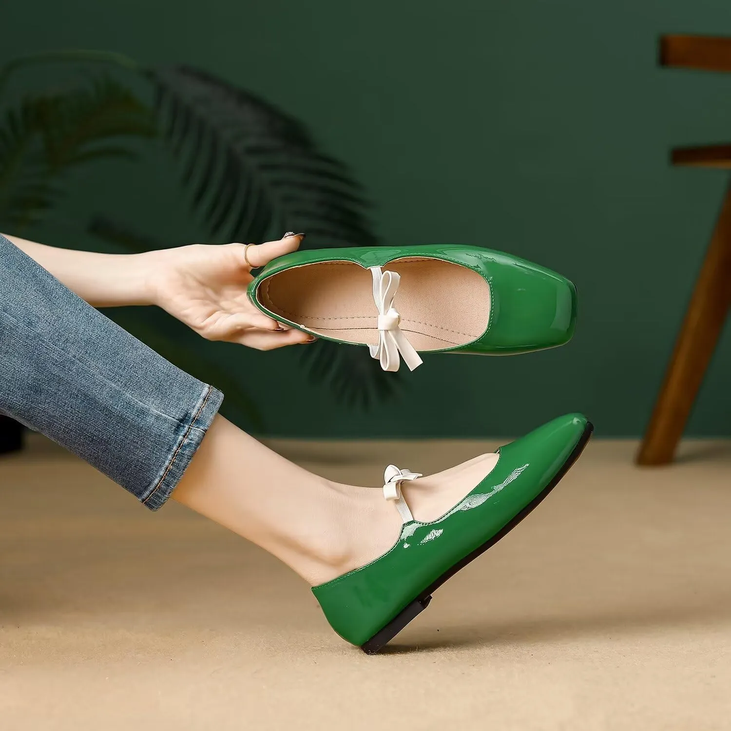 Hee grand Sweet Bow Mary Jane Flats for Women Square Toe Ankle Strap Ballet Flats Comfortable Low Heel Glittery Rhinestone Dress Shoes