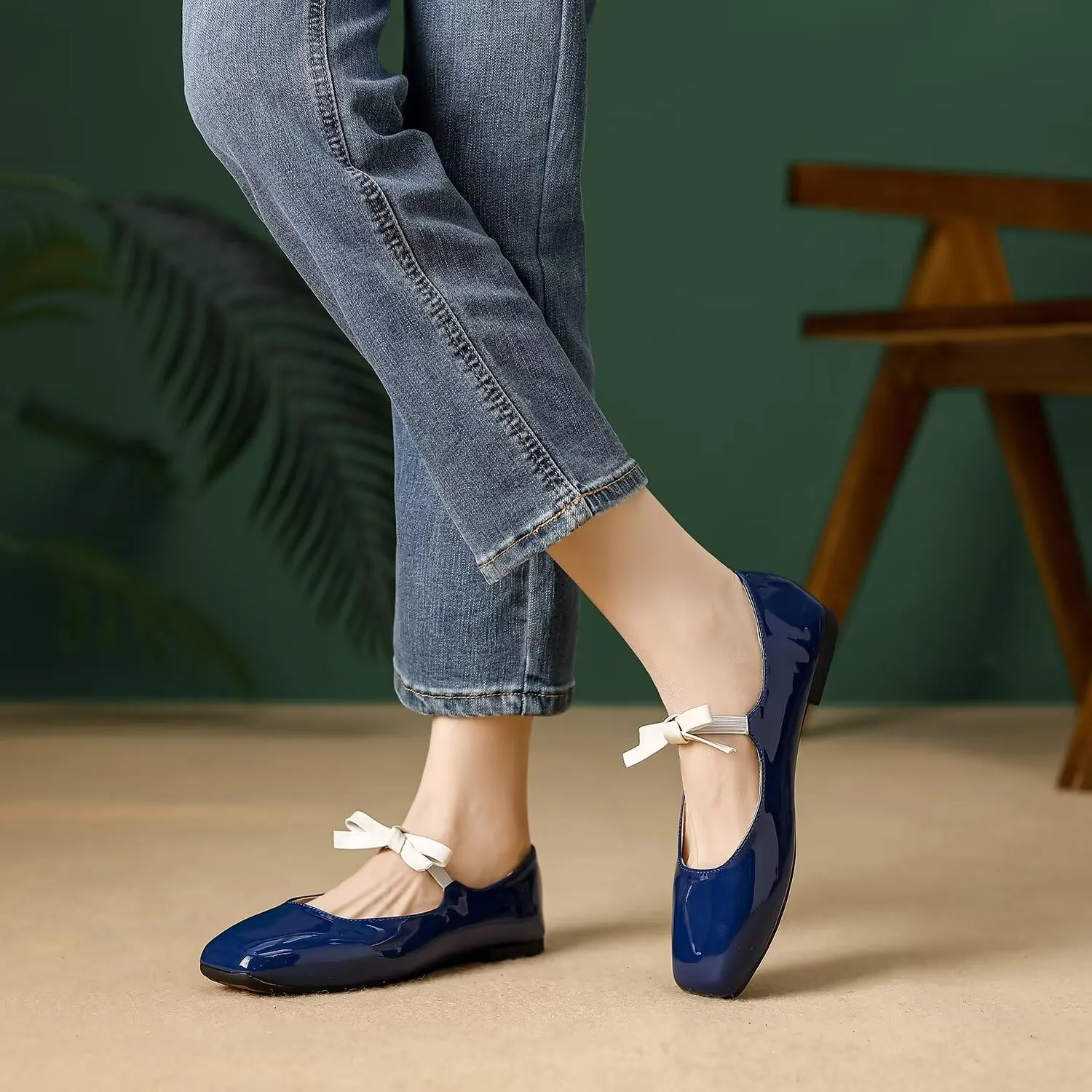 Hee grand Sweet Bow Mary Jane Flats for Women Square Toe Ankle Strap Ballet Flats Comfortable Low Heel Glittery Rhinestone Dress Shoes