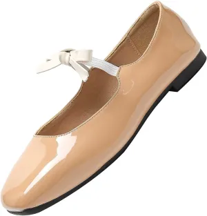 Hee grand Sweet Bow Mary Jane Flats for Women Square Toe Ankle Strap Ballet Flats Comfortable Low Heel Glittery Rhinestone Dress Shoes