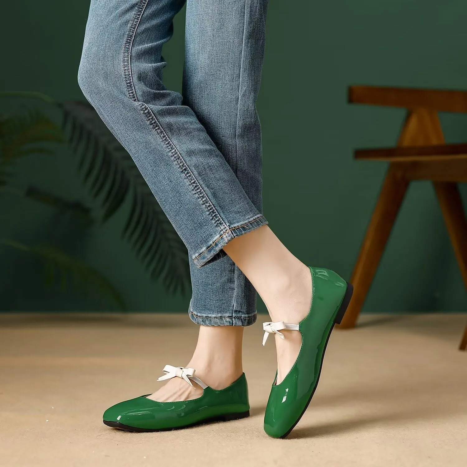Hee grand Sweet Bow Mary Jane Flats for Women Square Toe Ankle Strap Ballet Flats Comfortable Low Heel Glittery Rhinestone Dress Shoes