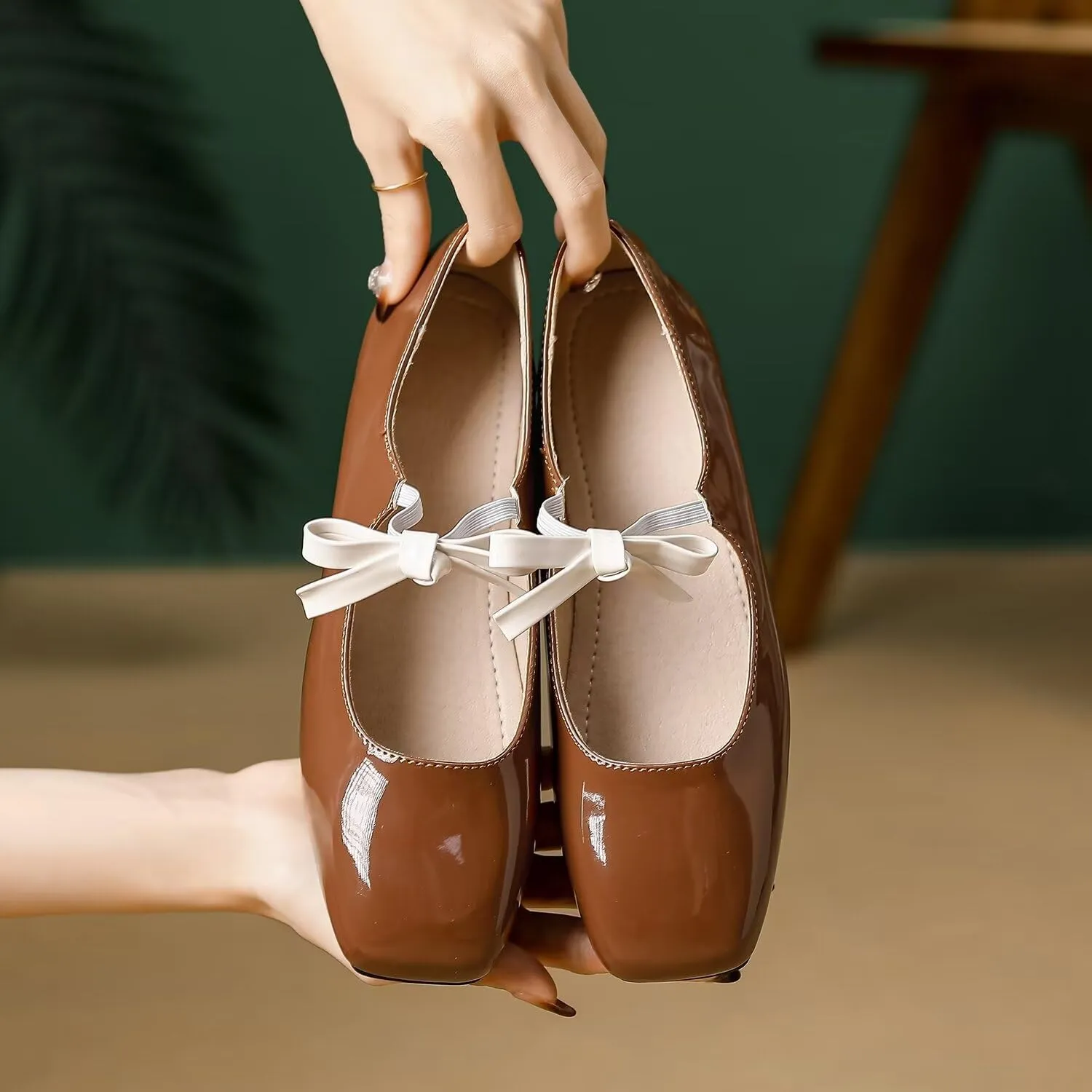 Hee grand Sweet Bow Mary Jane Flats for Women Square Toe Ankle Strap Ballet Flats Comfortable Low Heel Glittery Rhinestone Dress Shoes