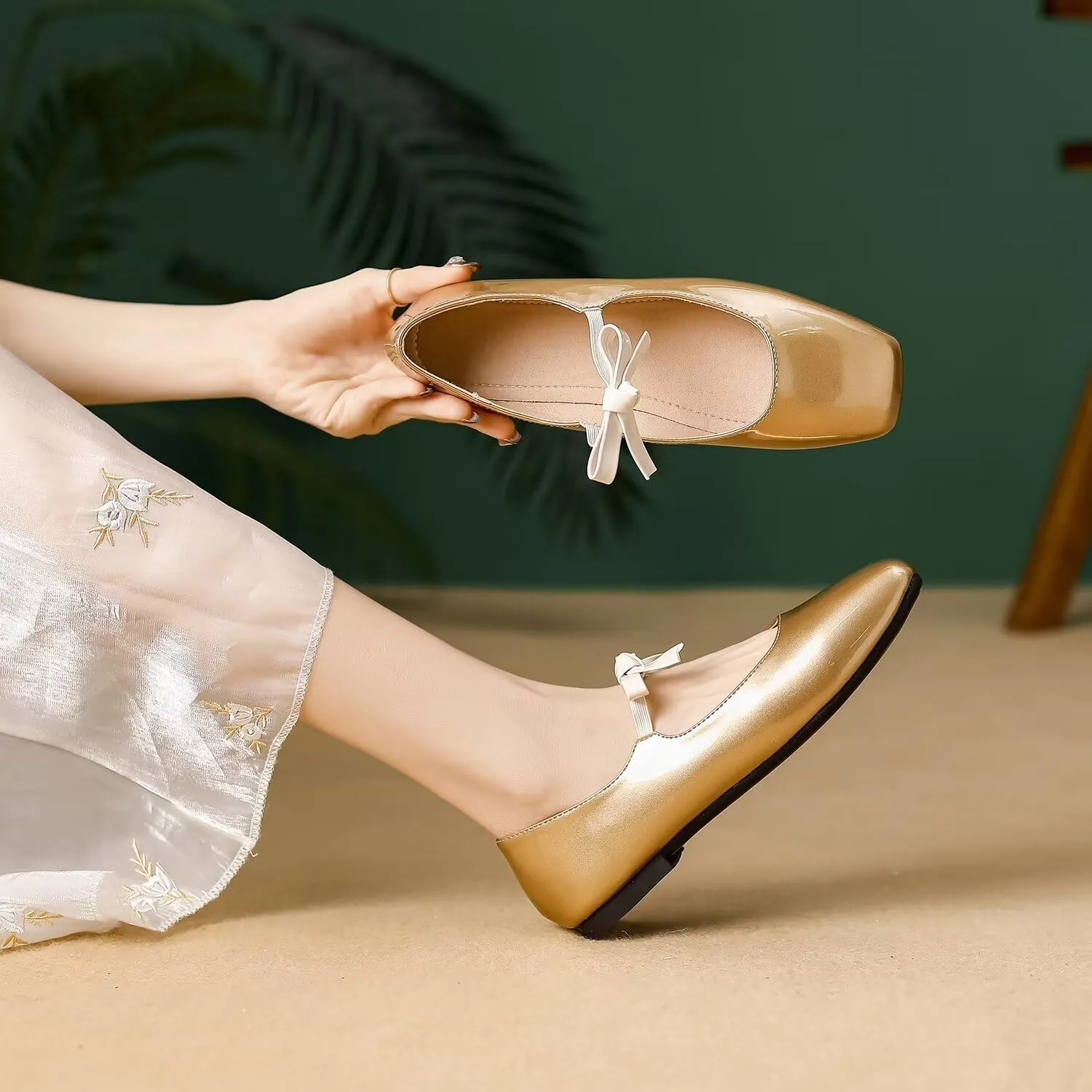 Hee grand Sweet Bow Mary Jane Flats for Women Square Toe Ankle Strap Ballet Flats Comfortable Low Heel Glittery Rhinestone Dress Shoes