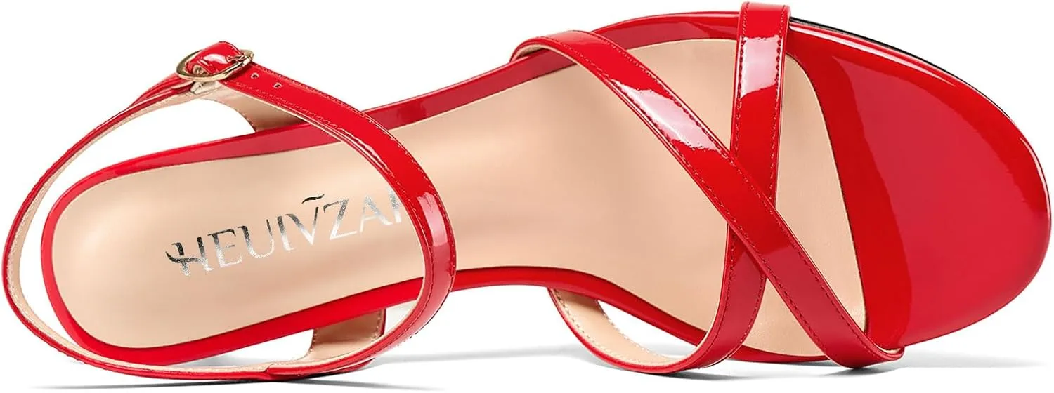 HEUIVZAR Womens Kitten Low Heel Open Toe Dress Ankle Cross-Strap Sandals Slingback Buckle Prom Casual Patent Leather Shoes 1.2 Inches Heels