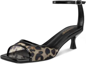 ISNOM Womens Mesh Kitten Heels Sandals Square Toe Ankle Buckle Strap Low Heels Comfort Summer Dress Shoes