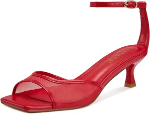 ISNOM Womens Mesh Kitten Heels Sandals Square Toe Ankle Buckle Strap Low Heels Comfort Summer Dress Shoes
