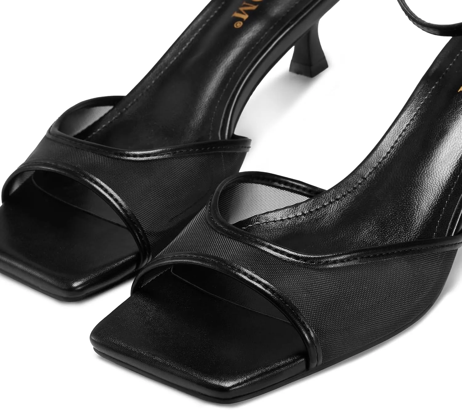 ISNOM Womens Mesh Kitten Heels Sandals Square Toe Ankle Buckle Strap Low Heels Comfort Summer Dress Shoes