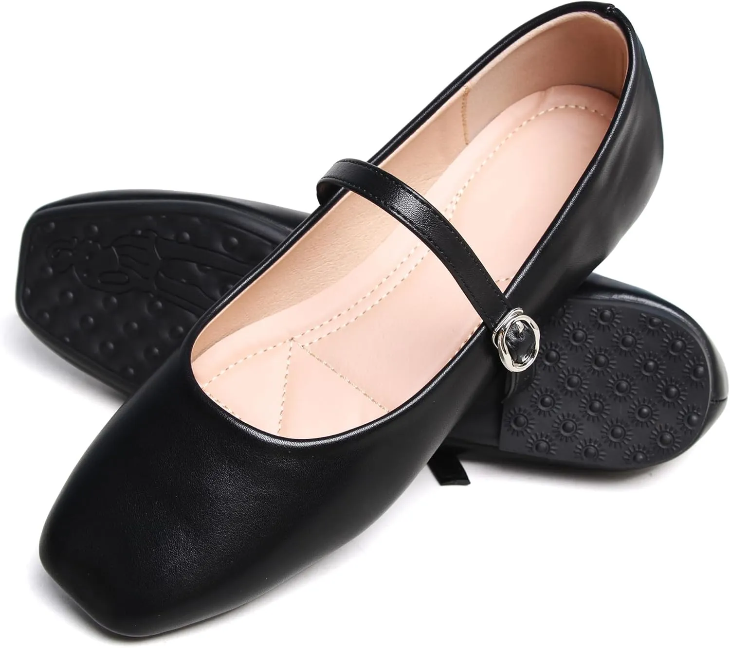 JiangWei Shu Women's Classic Square Toe Flats Comfortable Ballets Soft Mary Jane Flats Casual Shoes